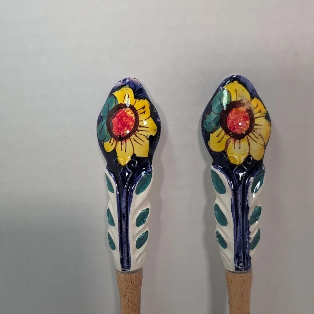 Assisi Serving Spoon & Form Wooden Ceramic HAndle Blue Sunflower Floral Folk Art